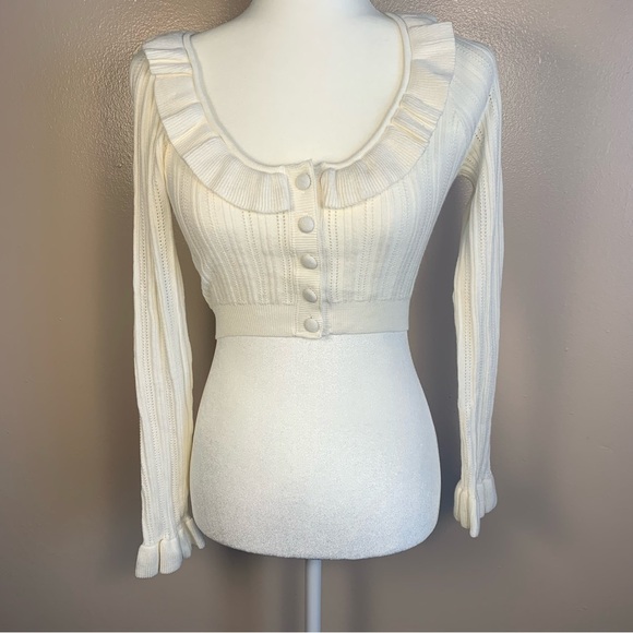 For Love & Lemons Camille Pointelle Knit Cropped Cardigan Sweater - Picture 2 of 14